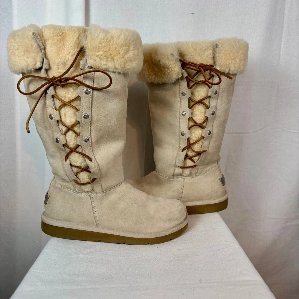 UGG Australia Sunburst Tall Suede Shearling Boots Sand 5163 Womens 8
